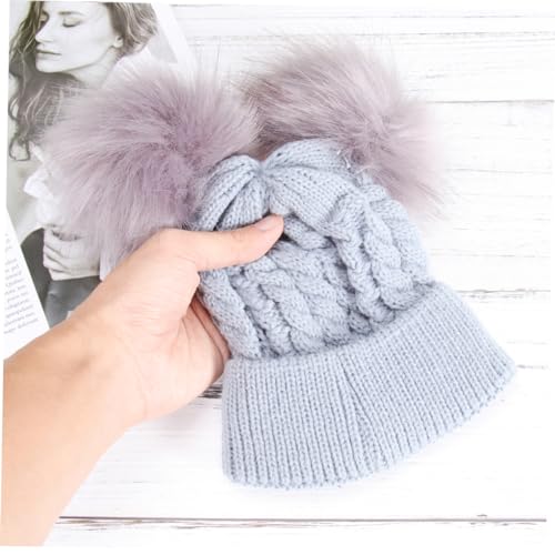 SAFIGLE Double Hairball Twisted Knit Beanie Hat for Winter Soft and Warm Crochet Cap for Boys and Adorable Grey Design for Cold Weather2
