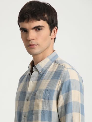 Image of THE BEAR HOUSE Men Blue Checked Slim Fit Cotton Linen Casual Shirt