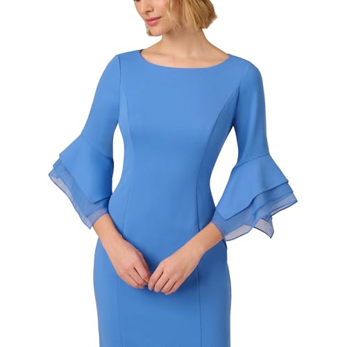 Image of Adrianna Papell Stretch Knit Crepe Sheath Dress with Tiered Organza Bell Sleeve