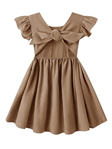 Dutebare Kid Little Girl Ruffle Dress Cotton Linen Backless Casual Summer Dresses 823 Brown 90