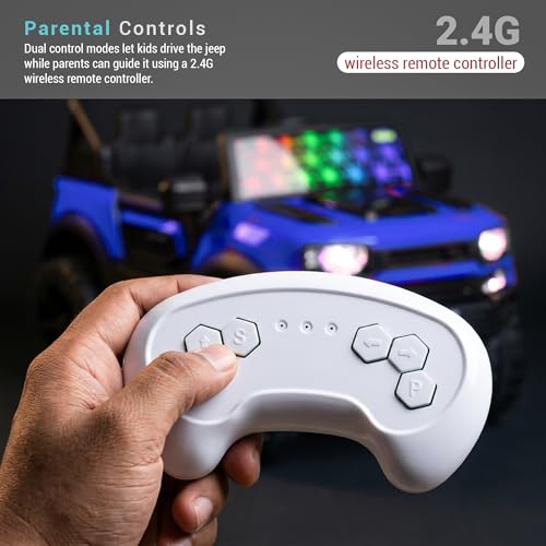 Image of Baybee RoverX Battery Operated Jeep for Kids with Parental Control | Baby Ride On Electric Car with RGB Lights, Music & Swing Mode | Rechargeable Battery Car for Kids 2 to 6 Years Boys, Girls (Blue)
