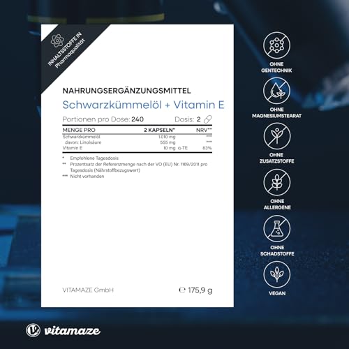 Ägyptisches Schwarzkümmelöl mit Vitamin E, 240 vegane Kapseln, Komplex mit 1010 mg pro Tag (Nigella sativa), Kaltgepresst, Hochdosiert, Sorgfältig Laborgeprüft, Produziert in Deutschland.