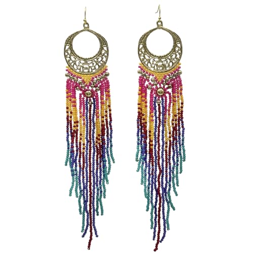Shoulder Duster Long Multicolor Seed Bead Fringe Style Dangle Earrings (Multi)