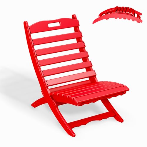 GREENVINES Folding-Xavier-Chair | Wave | Portable Adirondack-Chairs | HDPE Plastic | All Weather Fire-Pit Chair | Red | for Beach Outdoor Deck Poolsid