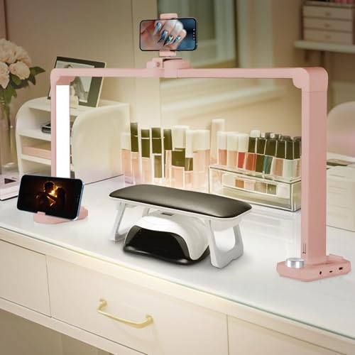 CGBE 40W Lampara Media Luna: 34 Pulgadas Lámpara de Escritorio de Uñas con Soporte Teléfono - 456 Perlas LED Lámpara de Mesa para Uñas 10 Brillo y 3 Modos - para Pestañas Tatuaje Manicura - Rosa