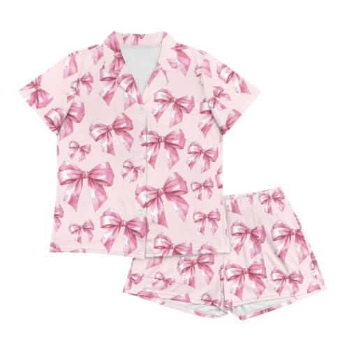 Image of Renewold Button Down Womens Pajama Set Short Sleeve Loungewear Bow Nightwear Sleepwear Night Suit Tops Shorts 2 Pieces