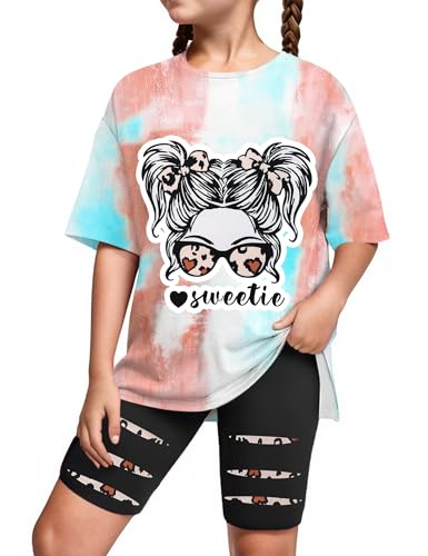 Image of Girls Clothes Short Sleeve Tie Dye Top Shorts and Pants 2PCS Girls Summer Outfits Size 6-16