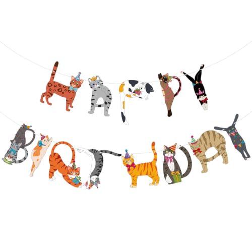 Image of Hooqict Happy Birthday Banner Cat Birthday Party Banner Decorations Garland Sign for Kids Adults Funny Cat Themed Birthday Party Decorations Supplies