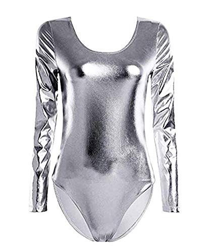 Maillot Ballet Mujer de Manga Larga y Cuello Redondo, Maillot Danza Niña para Bailarina Gimnasia, Consulte la Tabla de Tallas Antes de Comprar (Plateado, XL)