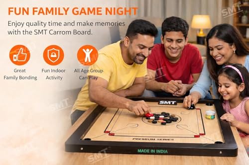 Image of SMT 32 Inch Carrom Board with Coins, Striker & Powder | Smooth Matte Finish Wooden Board for Family & Professional Play (Pack of 1) (32 INCH Carrom Board A-007)