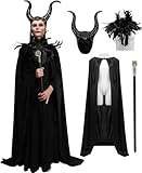 Women Evil Queen Costume Witch Black Horns Feather Cape Shawl Staff Velvet Robe Evil Witch Halloween Cosplay Costume Party Outfit for Adults