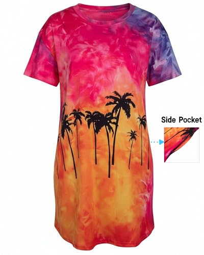 Image of MOUSYA Women Tie Dye Dress Short Sleeve T Shirt Dress Summer Casual Loose Mini Dress with Pockets