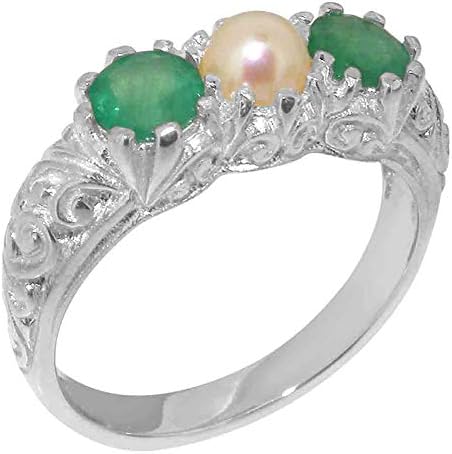 9k White Gold Cultured Pearl & Emerald Womens Statement ring - Size 9.25
