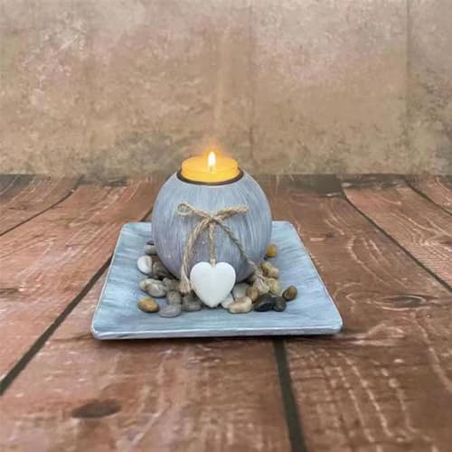 Hosoncovy Wooden Ball Tealight Holder with Tray and Pebbles Tealight Candle Holder Set for Home Decor (Heart)