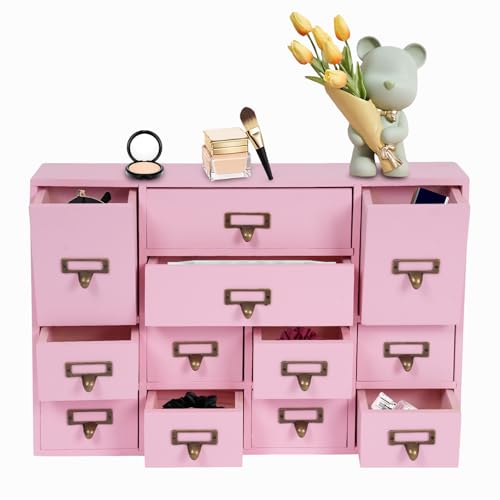 WUSILILU Storage Box with 12 Drawers, Library Card Catalog Cabinet with Slot, Tabletop Drawers Organizer, Wooden Desk Drawer Organizer Categorized Storage Drawers for Home, Office (Pink)