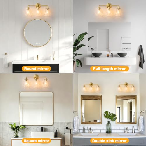 Image of WILON 3 Light Bathroom Light Fixtures Hammered Glass Vanity Light