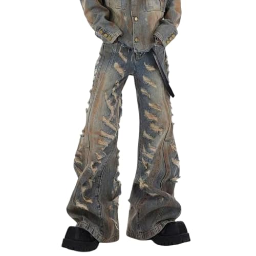 Y2K Jeans Men's Hip-hop Street Retro Ripped Washed Denim Jeans Gothic Loose Straight Leg Pants