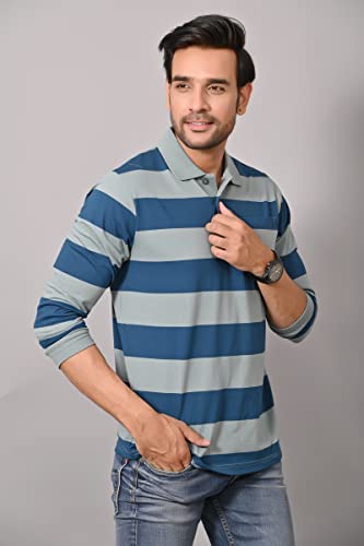 Image of ARBOUR Men Polo Neck Stripes Pocket Full Sleeves T-Shirt
