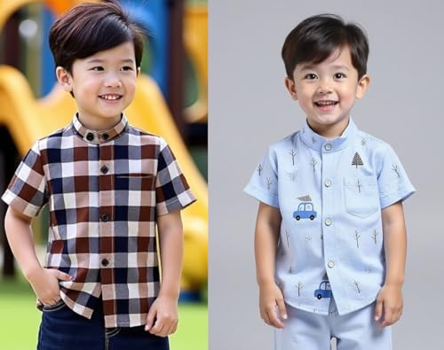 Image of Boys Short Sleeve Button Down Shirts, Plaid and Striped Pattern, Cotton Casual Tops, Pack of 2