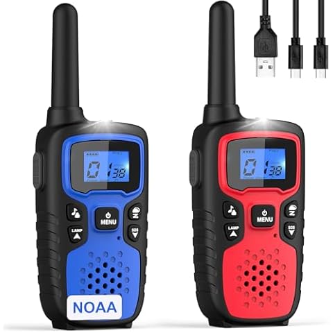Wishouse Walkie Talkies for Kids Adults - Long Range Rechargeable 2 Way Radios,Gift,Hiking Accessories Camping Gear with Lamp,SOS Siren,NOAA Weather Alert,VOX,Easy to Use Red Blue 2 Pack Cover