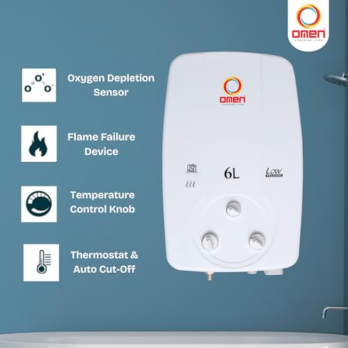 Image of Omen Changing Lives 6Liter LPG Gas Geyser | Instant Hot Water | Copper Heat Exchanger | Anti-Rust Coating | Multi-Safety | For Bathroom & Kitchen | 2-Year Warranty