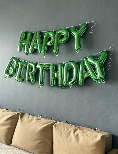 Image of Green Happy Birthday Balloon Banner, 16 Inch Foil Letter Balloons, Green Birthday Decorations for Men Boys Girls, Jungle Dinosaur Gaming Soccer Indoor Outdoor Party Supplies