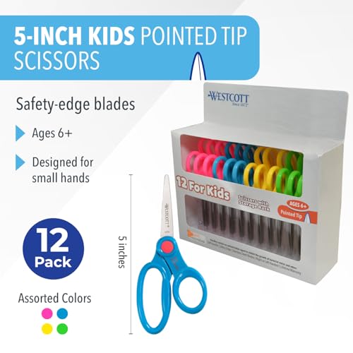 Image of Westcott 5-Inch Pointed Safety Scissors For Kids, Back to School, Classroom Supplies, Assorted, Pack of 12 (14872)
