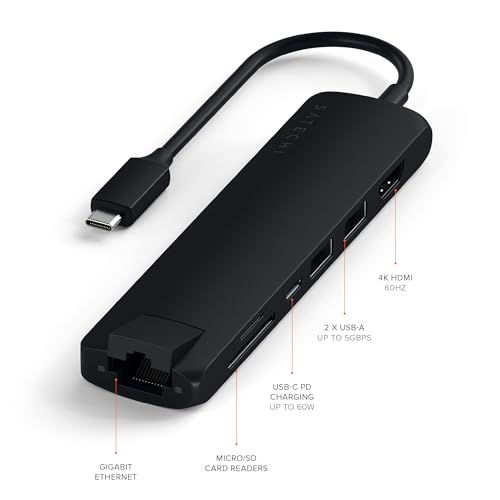 Image of Satechi USB C Slim Multiport Adapter with Ethernet, 4K HDMI, 60W USB C PD Charging, 2 USB-A, SD /Micro Card Readers - for M2 / M1 MacBook Pro /Air, M2 / M1 iPad Pro /Air, M2 Mac mini, iMac M1 (Black)