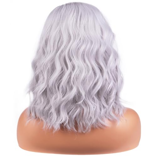 Image of BERON Silver Wigs for Women Girls Short Curly Wavy Wig Grey 14 inch Body Wave Halloween Cosplay Daily Party Wigs