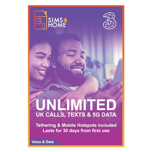 Three Sim Card Preloaded with UNLIMITED UK Calls, Texts & 4G/5G Data. (Valid for 30 days). No Contracts, No Commitments, No Credit Checks, No Tie-ins, No Personal ID. Simple to renew. …