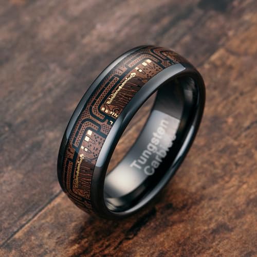 100S JEWELRY Gunmetal Circuit Board Inlay Tungsten Rings For Men Wedding Band Dome Edge Polished Finish Size 6-162