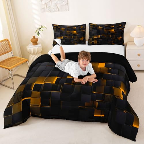 Image of Erosebridal Black and Orange Comforter Set Full Neon Geometric Checkered Bedding Set for Kids Boys Adults Men,Stereoscopic Grid Plaid Comforter Glowing Square Bed Duvet Set 3 Pcs