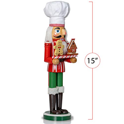 Ornativity Christmas Chef Nutcracker Figure – Wooden Chef Hat Nutcracker with Gingerbread Man Cookie Baker and House Xmas Holiday Decoration 15" - Thumbnail 6