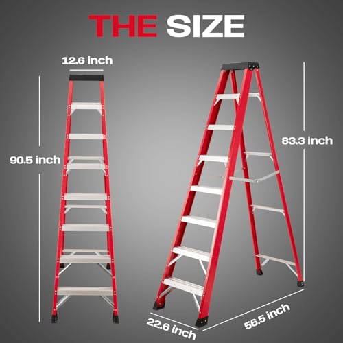 Image of Fiberglass Ladder, Single-Sided Stepladder for Electrical Engineering Ladder Construction with a Load Capacity of 330 pounds (7 Steps-Red)