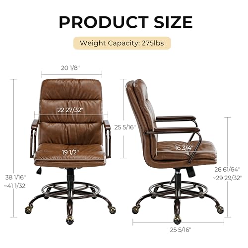 EUREKA ERGONOMIC Krzesło biurowe Mid Century Vintage do domu, krzesło komputerowe obrotowe ze skóry PU z podłokietnikami i kółkami do biura/sypialni/pracy/nauki (Retro Brown)
