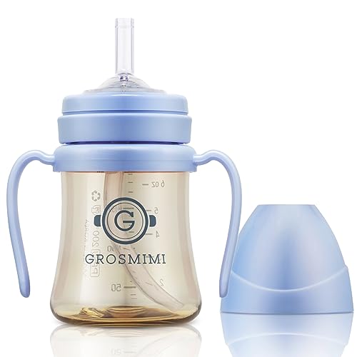Image of GROSMIMI Spill Proof no Spill Magic Sippy Cup with Straw with Handle for Baby and Toddlers, Customizable, PPSU, BPA Free 6 oz (Sky blue)