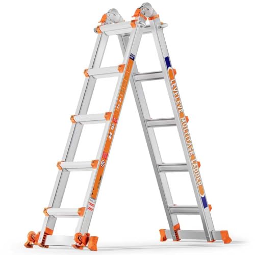 Escalera de 5 peldaños, una Escalera Deslizante de 5 m de Largo con estabilizador y Ruedas, 150 kg de Carga de Seguridad, Escalera multiposición para escaleras, hogar, Interior, Exterior