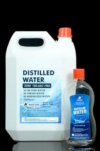 WATER CLINIC Ultra Pure Di-Ionised Distilled Water for Battery/Inverter/Medical Equipment's/Chemicals and Cosmetic Formulations -with easy filling cap/Combo pack of 5L with 500ml Bottle