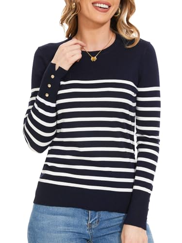 Image of Spicy Sandia Women's Long Sleeve Crewneck Sweaters Dressy Casual | Striped or Solid Available, Classic, Business Casual Tops for Office Work