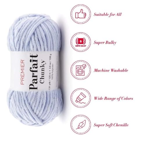 Image of Premier Yarns Parfait Chunky Chenille Yarn 3.5 Oz 6 Super Bulky Weight 3 Pack Bundle with Bella's Stitch Place Holders (Pale Blue)