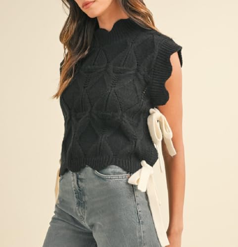 Women Bow Side Tie Sweater Vest Cute Scallop Trim Mock Neck Crochet Knit Tank Top Y2k Sleeveless Split Hem Sweaters3