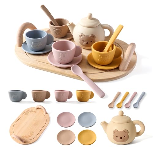Lista de Toy 2 más recomendados. 45 Juego de té para niñas pequeñas 1-3, set de té con tetera de silicona, tazas, posavasos, cucharón, bandeja de madera, accesorios de cocina, juego de simulación para niñas y...
