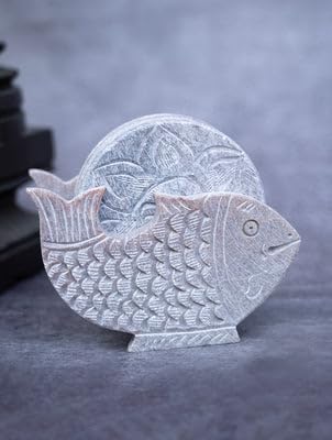 HANDI STONE Soapstone Carved Tea Table Coasters Set of 6 with Floral Stand for Cups Glasses Mugs Dining Room Home Or Office Use Kitchen and Bar Accessories