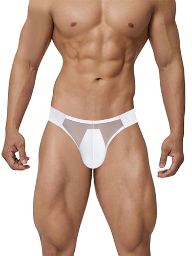 Men's Stretch Ice Silk Sexy Thong, Bulge Pouch Jockstrap Breathable G-Strings Underwear for Male Cotton G-Strings White2