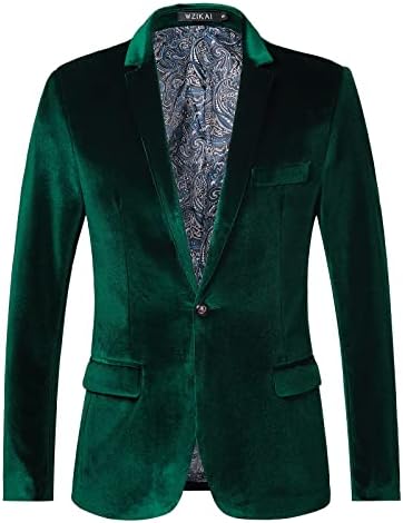 WZIKAI Mens Velvet Blazer One Button Slim Fit Solid Fashion Suit Jacket Sport Coat for Wedding Prom Dinner Party Green XXXL