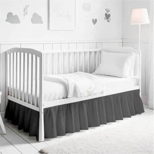 Image of Dark Grey Ruffled Crib Bed Skirt - 100% Cotton - Nursery Crib Toddler Dust Ruffle Bedding Skirts for Baby Boy or Baby Girl - Crib Bed Skirt for Standard Crib, 14" Drop Dust Ruffle with Split Corner