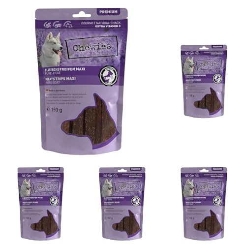 Chewies Fleischstreifen Maxi aus 100% Ziege - 150 g - Fleischstreifen für Hunde - getrocknete Ziegenfleisch Kaustreifen - hypoallergen & getreidefrei - Dörrfleisch von der Ziege (Packung mit 5)