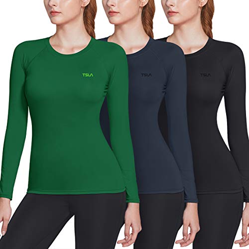 TSLA Women's Compression Long Sleeve T-Shirts Cool Dry Baselayer, Round Neck 3pack(fud21) - Black/Charcoal/Green, Large