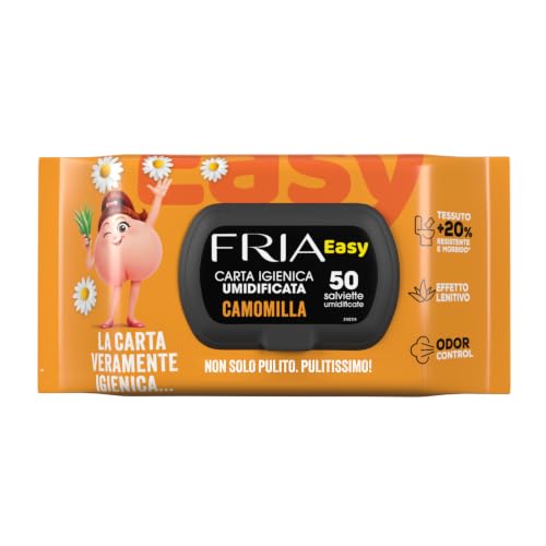 Fria Easy Carta Igienica Umidificata con Camomilla ad Effetto Emolliente e Lenitivo, Tessuto Gettabile nel WC, Dermatologicamente Testate, Confezione da 50 Salviette