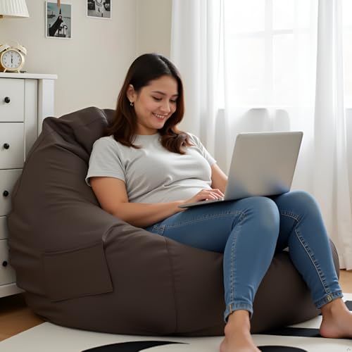 Image of 4XL Leatherette Bean Bag Chair with Footrest & Cushion with Beans Filled (Ready to Use) Color- (Brown, Bean Bag Only)